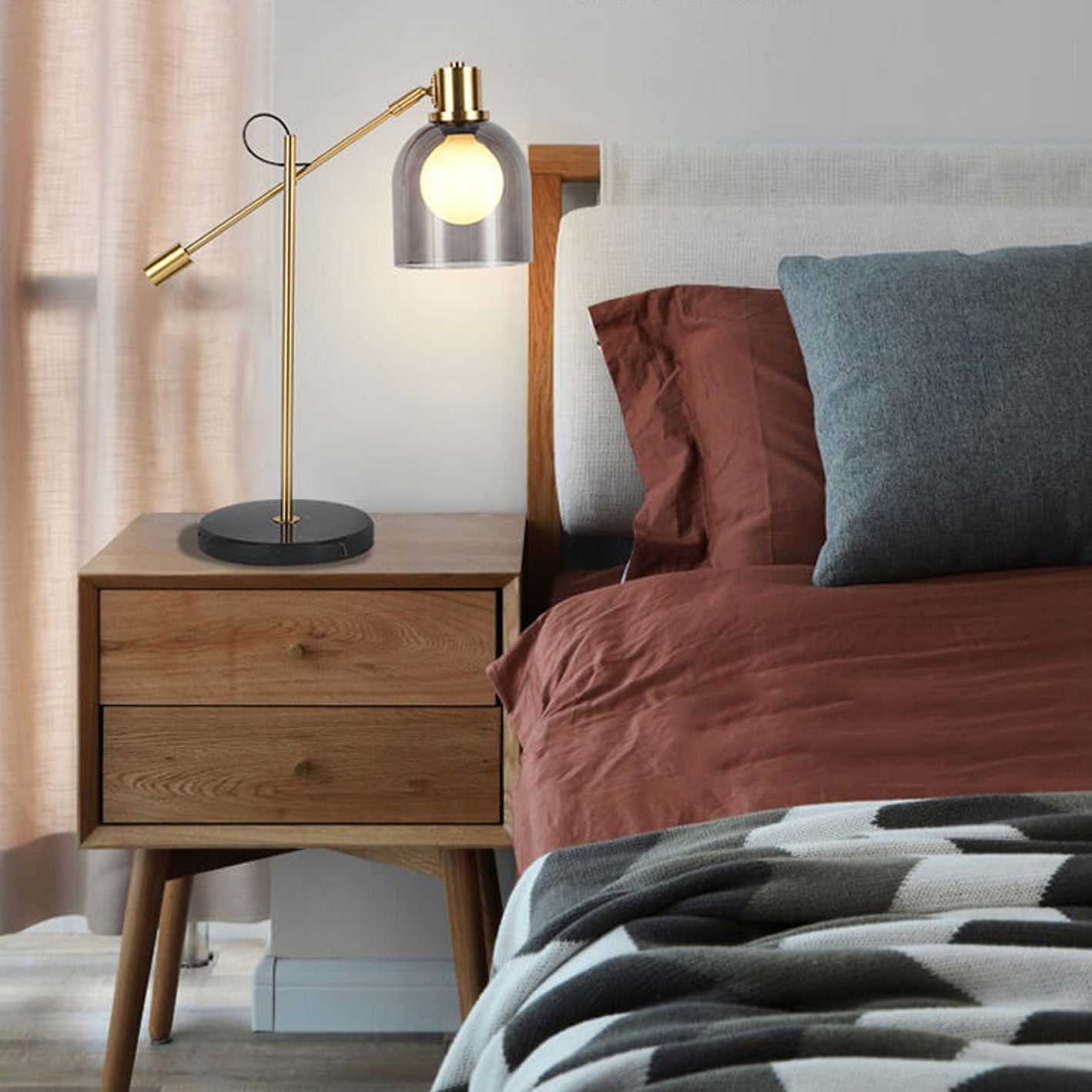 Postmodern Smoke Gray Glass Dome Metal  Arm 1-Light Table Lamp