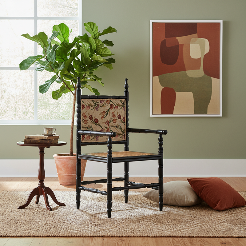 Traditional Vintage Solid Wood Rattan Square Dining Chair Backrest Armrest For Dining Room