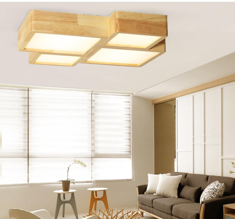 Nordic Solid Wood Square LED Flush Mount Ceiling Light