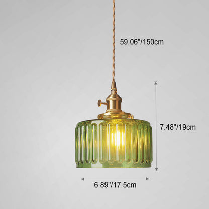 Traditional Vintage Antique Brass Ribbed Glass Cylinder Shade 1-Light Pendant Light For Living Room