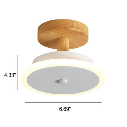 Nordic Flat Round Wood Base LED Semi-Flush Mount Ceiling Light