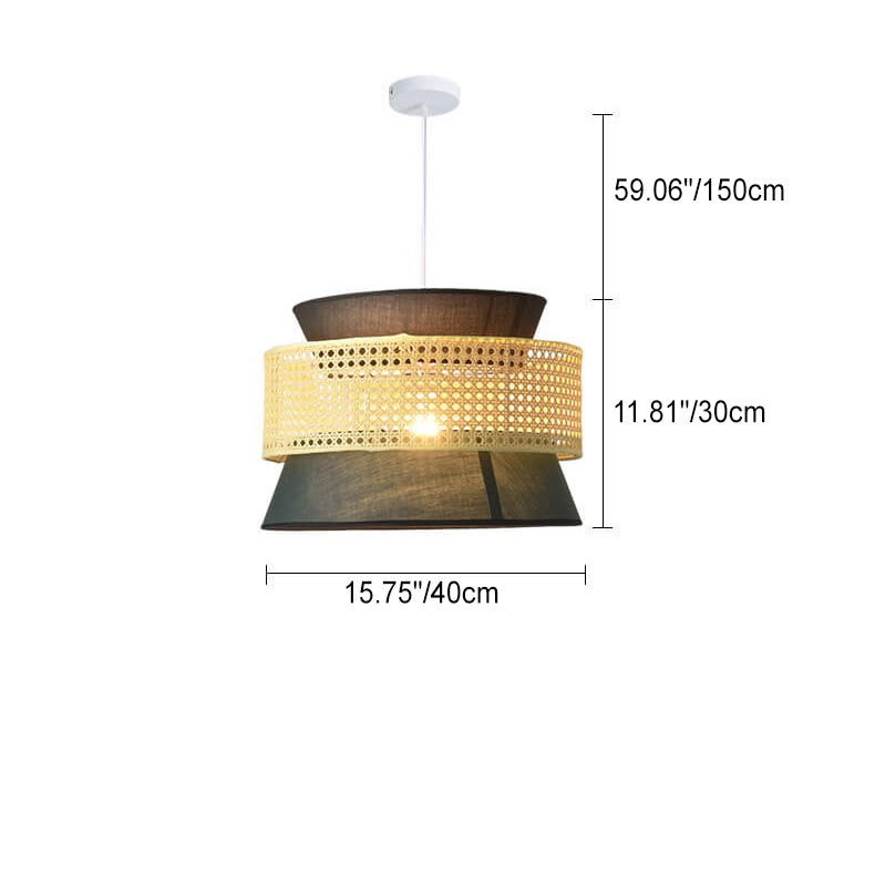 Traditional Japanese Rattan Weaving Fabric Round Shade 1-Light Pendant Light For Dining Room