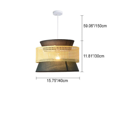Traditional Japanese Rattan Weaving Fabric Round Shade 1-Light Pendant Light For Dining Room