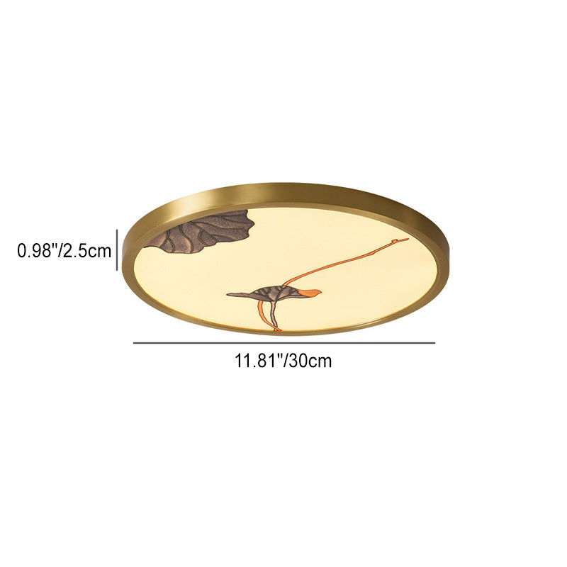 Traditional Chinese Copper Acrylic Round Lotus Bamboo Ginkgo Leaves LED Flush Mount Ceiling Light For Living Room