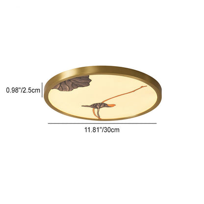 Traditional Chinese Copper Acrylic Round Lotus Bamboo Ginkgo Leaves LED Flush Mount Ceiling Light For Living Room
