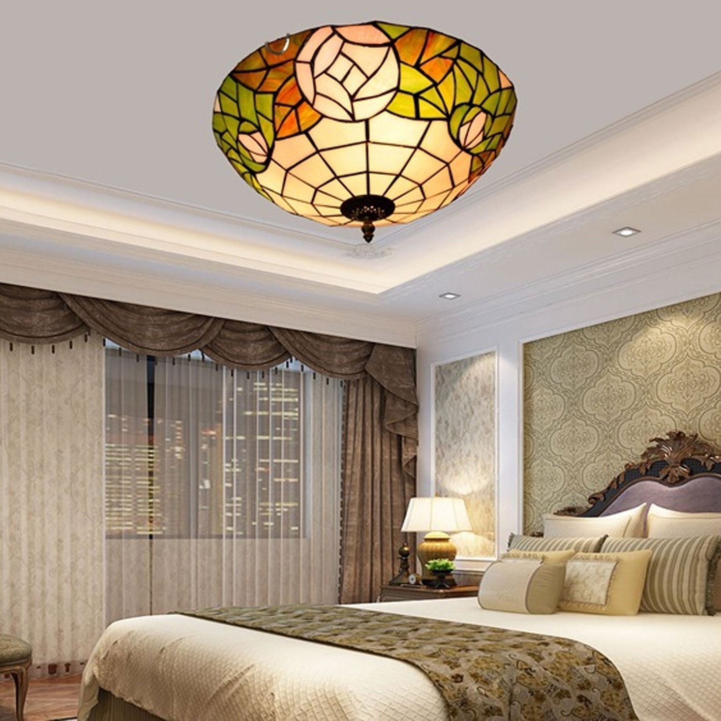 Tiffany European Retro Creative Stained Glass Rose Pattern Design 3-Light Flush Mount Light