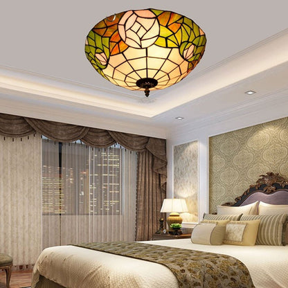Tiffany European Retro Creative Stained Glass Rose Pattern Design 3-Light Flush Mount Light