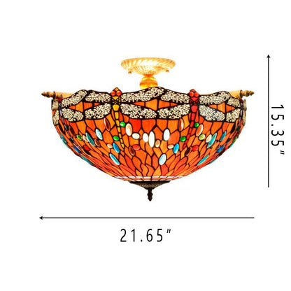 Retro Tiffany Red Bottom Dragonfly Design 5-Light Flush Mount Light