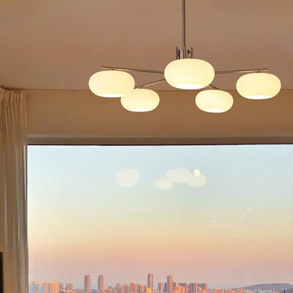 French Minimalist White Dome Glass Shade  5-Light Chandelier
