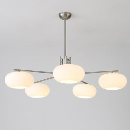 French Minimalist White Dome Glass Shade  5-Light Chandelier