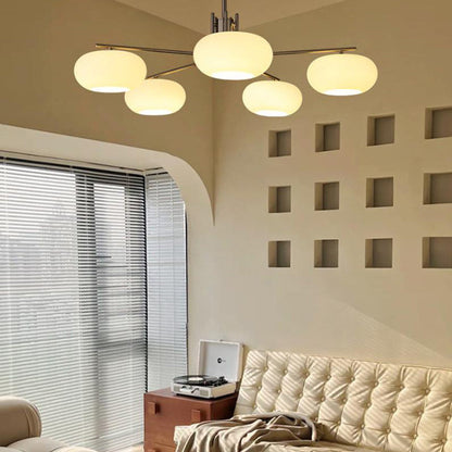 French Minimalist White Dome Glass Shade  5-Light Chandelier