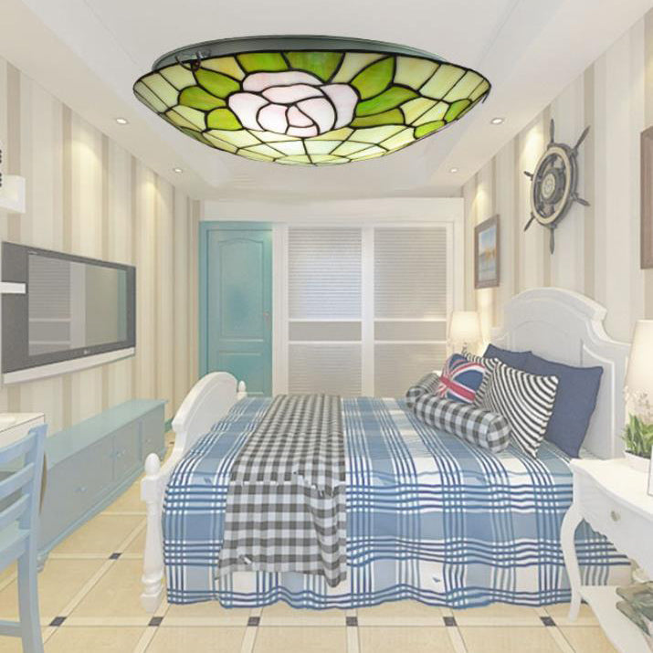 Tiffany Orchid Rose Stained Glass Round 2/3/4 Light Flush Mount Ceiling Light