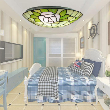 Tiffany Orchid Rose Stained Glass Round 2/3/4 Light Flush Mount Ceiling Light