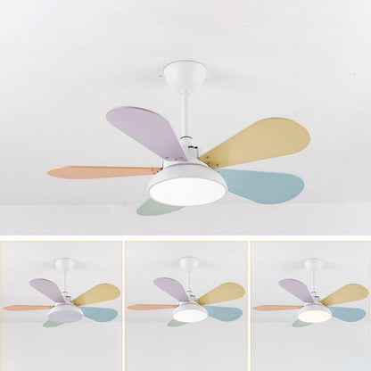 Simple Colorful Round Fan Leaf Kids Downrods Ceiling Fan Light
