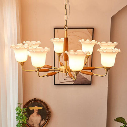 European Vintage Rustic Copper Wood Glass 3/5/8-Light Chandelier