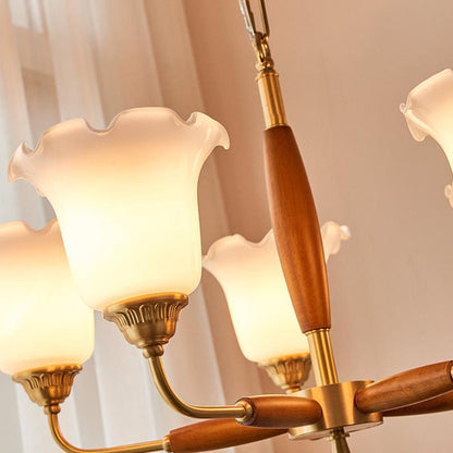 European Vintage Rustic Copper Wood Glass 3/5/8-Light Chandelier