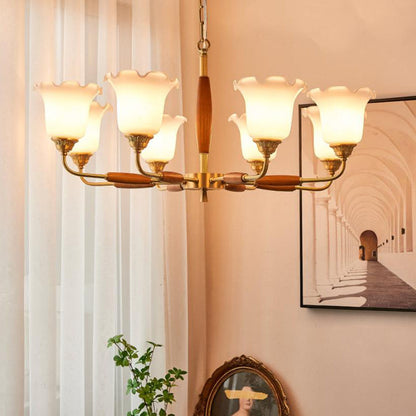 European Vintage Rustic Copper Wood Glass 3/5/8-Light Chandelier