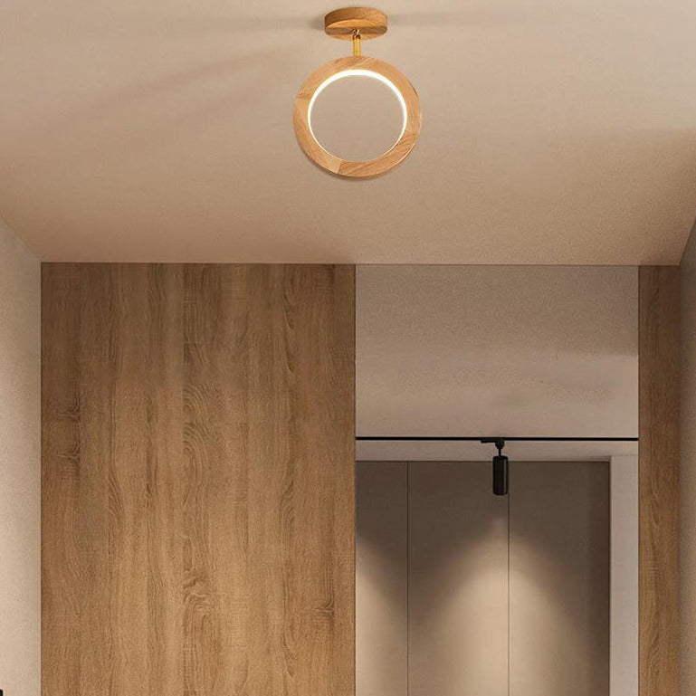 Nordic Minimalist Solid Wood Circle Ring LED Semi-Flush Mount Ceiling Light