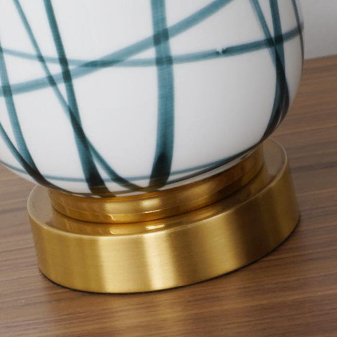 Nordic Light Luxury Green Striped Ceramic Drum Fabric 1-Light Table Lamp