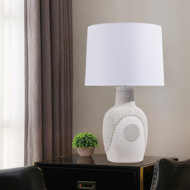 Modern Minimalist Black White Ceramic Jar Drum Fabric 1-Light Table Lamp