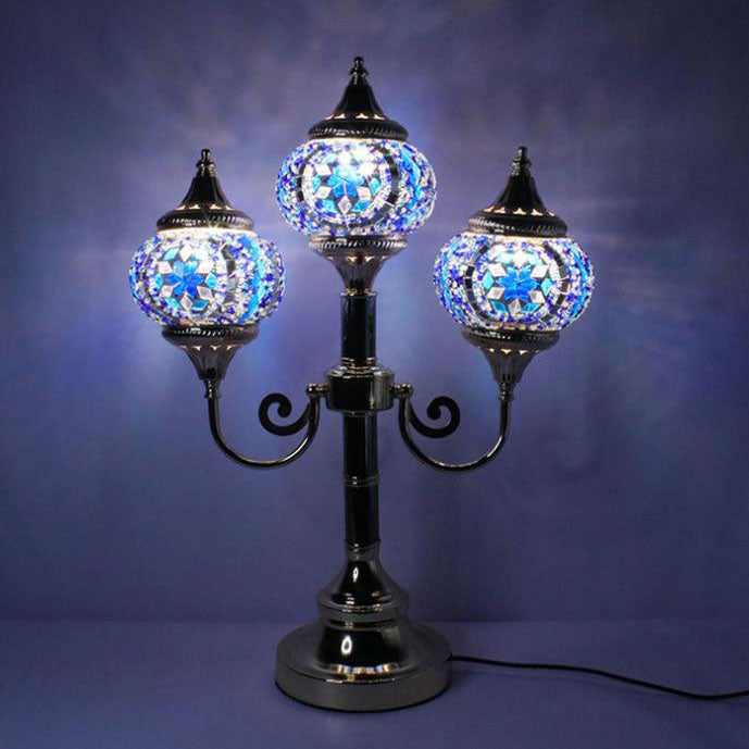 Traditional Rustic Stained Glass Round Shade Sconce 3-Light Table Lamp For Bedroom