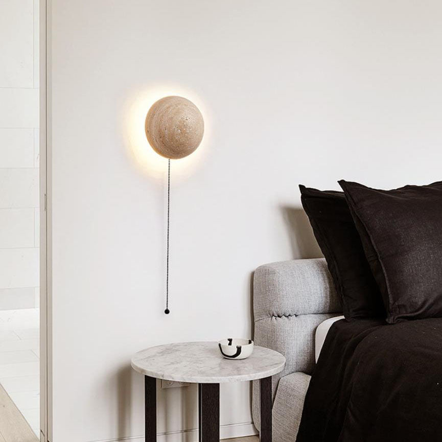 Japanese Minimalist Round Yellow Travertine Wabi-Sabi LED Wall Sconce Lamp