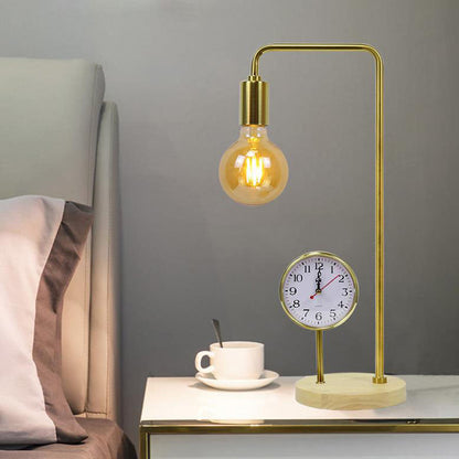 European Retro Clock Electroplated Iron Wooden Base 1-Light Table Lamp