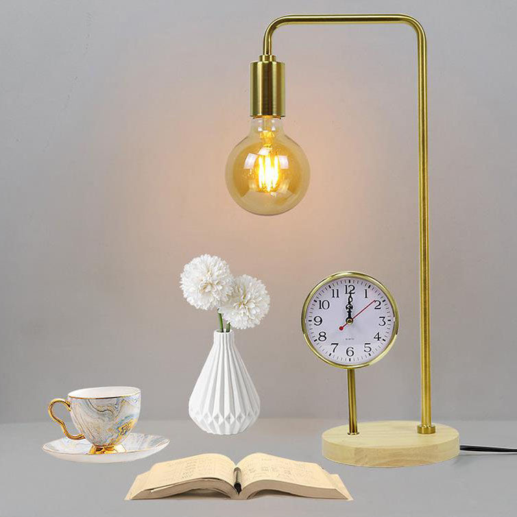 European Retro Clock Electroplated Iron Wooden Base 1-Light Table Lamp