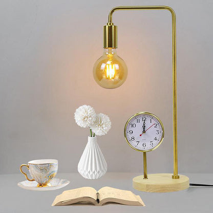 European Retro Clock Electroplated Iron Wooden Base 1-Light Table Lamp