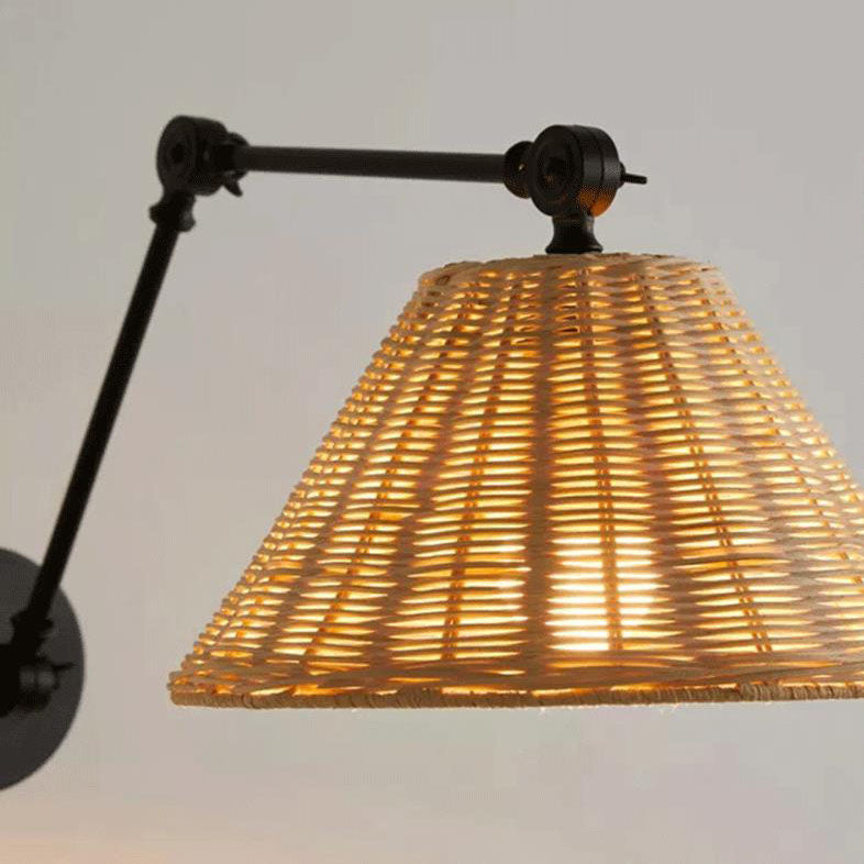 Vintage Chinese Rattan Cone Shade Iron Swing Arm 1-Light Wall Sconce Lamp