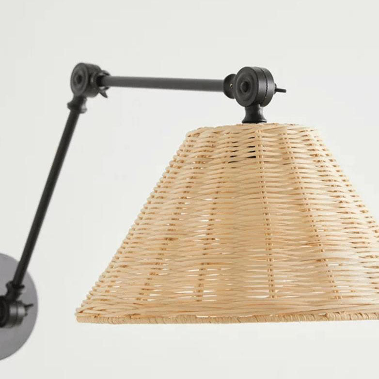 Vintage Chinese Rattan Cone Shade Iron Swing Arm 1-Light Wall Sconce Lamp