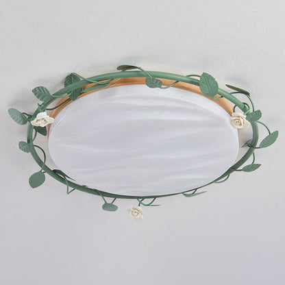 Modern Minimalist Disc Rose Rattan Wood Acrylic LED Flush Mount Ceiling Light