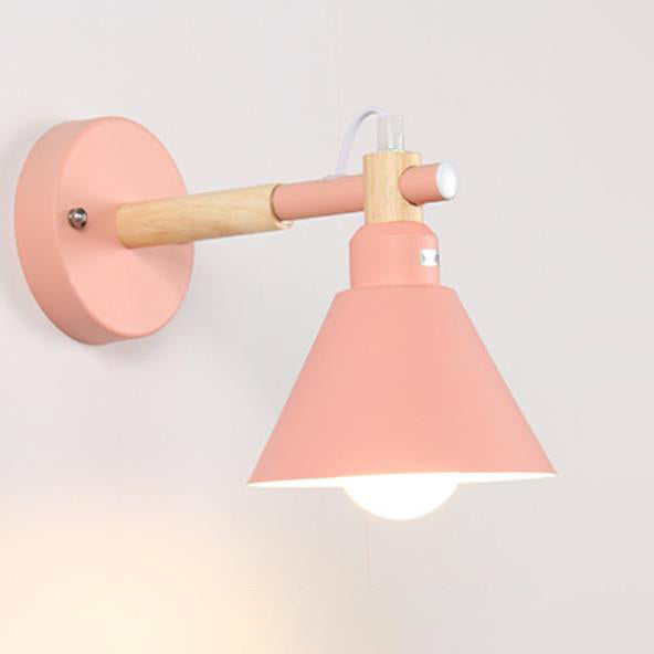Nordic Macaron Iron Trumpet Shaped Wood 1-Light Wall Sconce Lamp