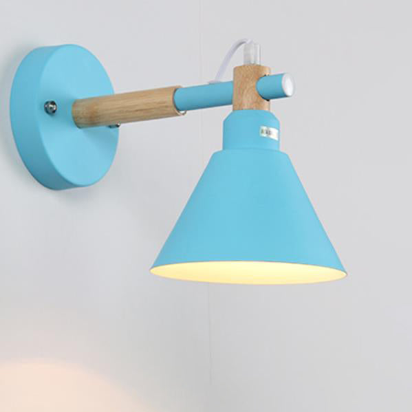 Nordic Macaron Iron Trumpet Shaped Wood 1-Light Wall Sconce Lamp