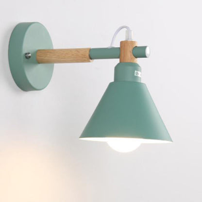 Nordic Macaron Iron Trumpet Shaped Wood 1-Light Wall Sconce Lamp