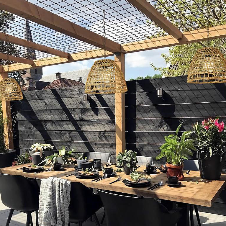 Traditional Rustic Iron Net Rattan Weaving Cage LED Solar Waterproof Pendant Light For Outdoor Patio