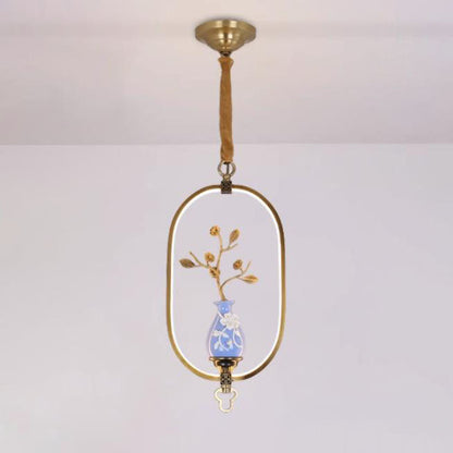 Traditional Chinese Oval Dendritic Flower Full Copper Ceramic LED Pendant Light For Living Room