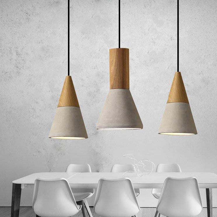 Contemporary Industrial Round Cone Triangle Cement Rubber Wood 1-Light Pendant Light For Living Room