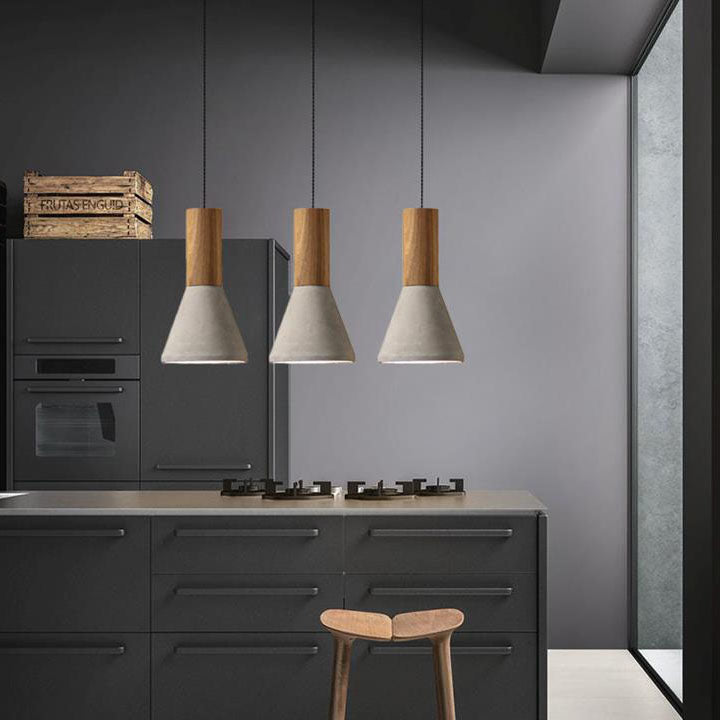 Contemporary Industrial Round Cone Triangle Cement Rubber Wood 1-Light Pendant Light For Living Room