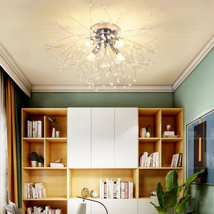 Modern Art Deco Crystal Beads Dandelion Aluminum Strip Shape 4/5/6/8-Light Semi-Flush Mount Ceiling Light For Living Room