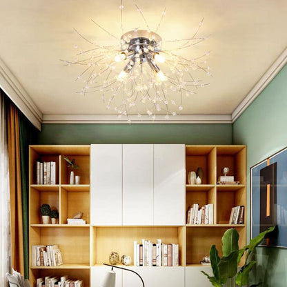 Modern Art Deco Crystal Beads Dandelion Aluminum Strip Shape 4/5/6/8-Light Semi-Flush Mount Ceiling Light For Living Room