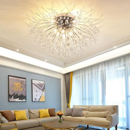 Modern Art Deco Crystal Beads Dandelion Aluminum Strip Shape 4/5/6/8-Light Semi-Flush Mount Ceiling Light For Living Room
