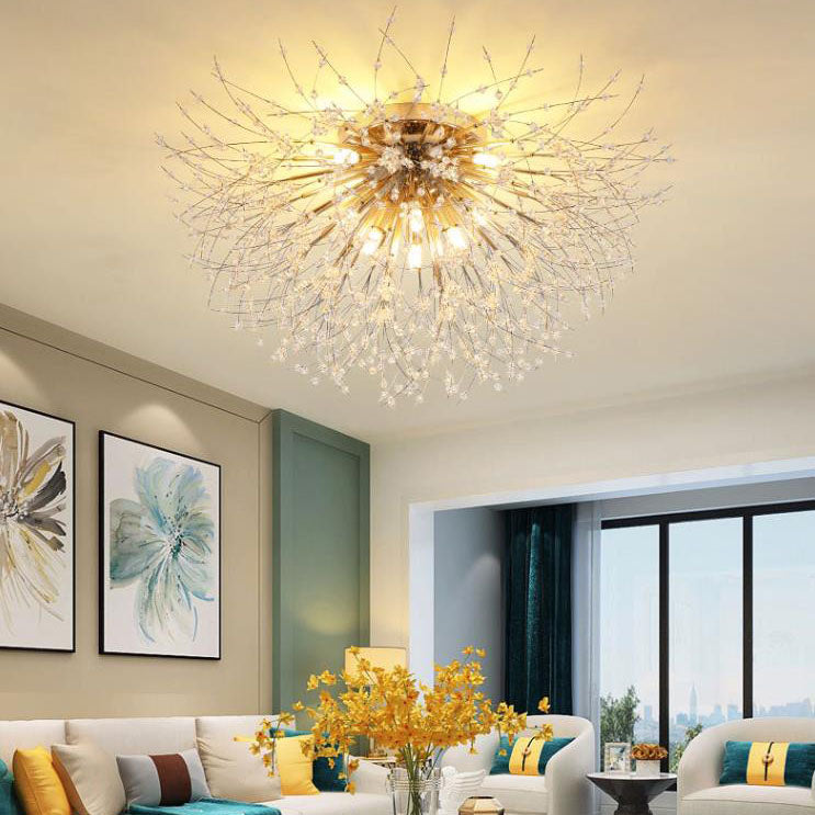 Modern Art Deco Crystal Beads Dandelion Aluminum Strip Shape 4/5/6/8-Light Semi-Flush Mount Ceiling Light For Living Room