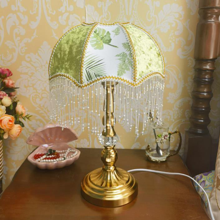 Traditional French Round Tassel Umbrella Metal Fabric 1-Light Table Lamp For Bedroom