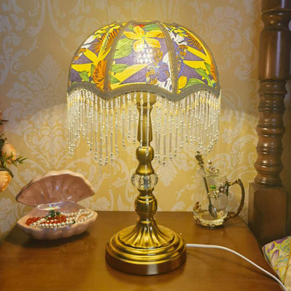 Traditional French Round Tassel Umbrella Metal Fabric 1-Light Table Lamp For Bedroom