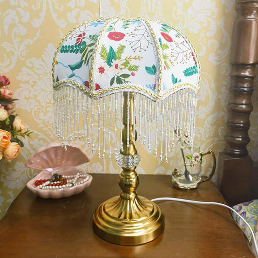 Traditional French Round Tassel Umbrella Metal Fabric 1-Light Table Lamp For Bedroom