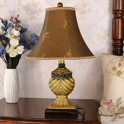 Traditional European Orb Stripe Carved Base Resin Fabric 1-Light Table Lamp For Bedroom