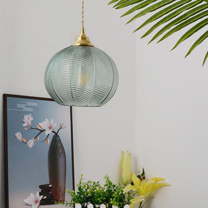 Contemporary Creative Round All Brass Striped Glass 1-Light Pendant Light For Living Room