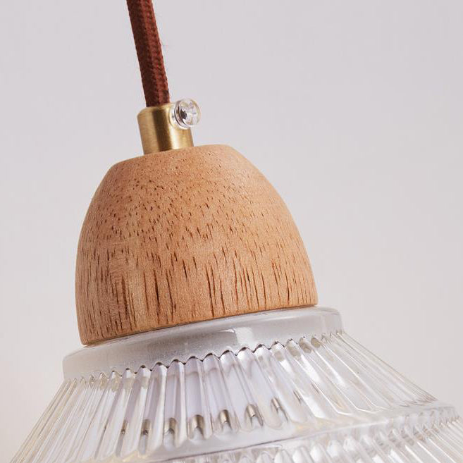 Contemporary Retro Cylinder Petal Cone Solid Wood Glass 1-Light Wall Sconce Lamp For Bedroom