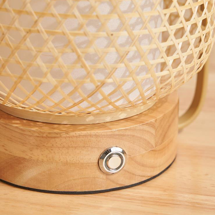 Contemporary Boho Bamboo Weaving Handheld Cylinder LED Touch Dimmable Table Lamp For Bedroom